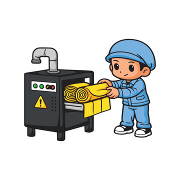 Cute Factory Machine Operator Operating Industrial Equipment Vector Illustration