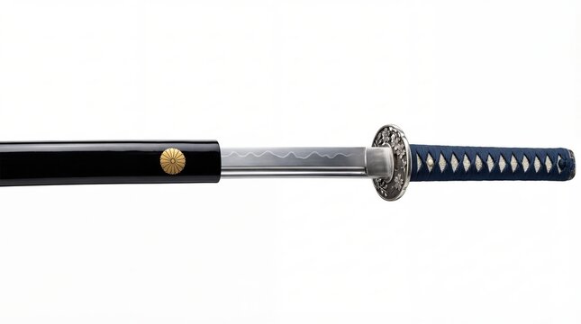 伝統的な日本刀の商品写真、金色の菊紋が施された華麗な黒漆塗りの鞘、刀身は部分的に抜かれ研磨された鋼の刃と明瞭な刃文が見える、桜の浮き彫り模様が施された精巧な鍔、白い鮫皮の柄に濃紺の絹糸が伝統的な菱形模様で巻かれている、純白背景RGB 255-255-255の中央に水平に完璧に配置、Phase One XF IQ4 150MPカメラシステムとSchneider Kreuznach 120mm