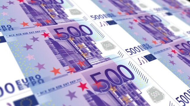 500 Euro banknotes sliding animation with realistic camera angle. Money falling down animation