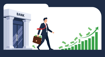 Ambitious businessman walking from a bank building with a briefcase overflowing with cash towards a green financial growth chart.