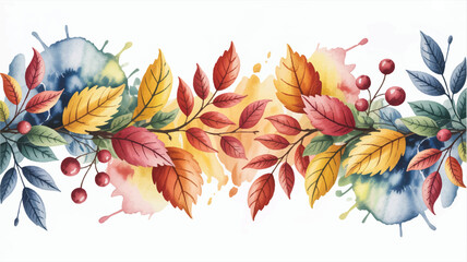 Watercolor autumn leaves and berries on white background