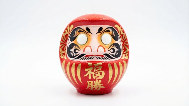 本格的な日本のだるま人形の商品単体撮影、伝統的な赤色に金のアクセント、丸い重り入り底部、激しい表情の手描き顔、純白背景RGB 255-255-255の中央にカメラ正面を向いて完璧に配置、Nikon Z9とNikkor Z MC 105mm f/2.8 VR Sマクロレンズで正面から撮影、絞りf/16で前から後ろまで剃刀のような鮮明さ、眉毛・髭・漢字を含むすべての手描き細部が超鮮明にフォーカス、真上