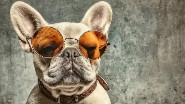A dog wearing stylish sunglasses and a colorful collar, sitting happily outdoors.