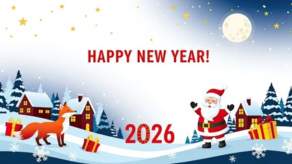 Happy new year 2026 celebration with santa claus and fox