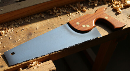 Close-up of a vintage hand saw resting on a wooden workbench with sawdust scattered around