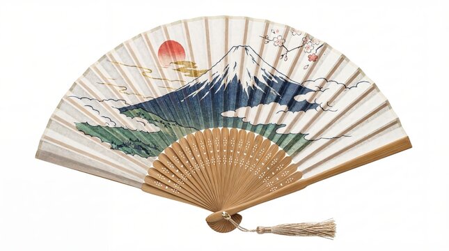 富士山の浮世絵が描かれた伝統的な日本の扇子を完全に開いた高解像度中央配置スタジオ撮影、扇子は純白背景RGB 255-255-255の中央に水平に完璧に配置、Hasselblad H6D-100cとHC 120mm f/4マクロレンズで撮影、絞りf/16、すべての竹骨・紙の細部・描かれた要素が扇子表面全体で剃刀のように鋭くフォーカス、大型頭上ソフトボックスと四方の白いレフ板によるスタジオ照明で完全に