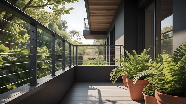 Long Modern Balcony with Lush Green Plants & Cable Railing - Scenic Outdoor View