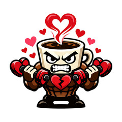 Angry Coffee Cup Gym Mascot Holding Dumbbells with Love Hearts