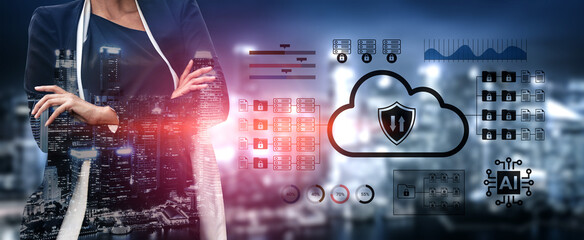 A confident businesswoman stands before a modern city skyline, surrounded by digital cloud and security icons, symbolizing data innovation and technology growth. Gantry