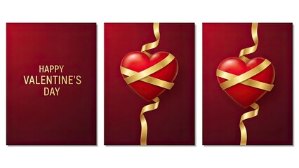 Happy valentine's day greeting card with red heart and gold ribbon