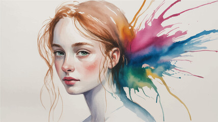 Woman with colorful paint splashes on her hair and shoulder portrait