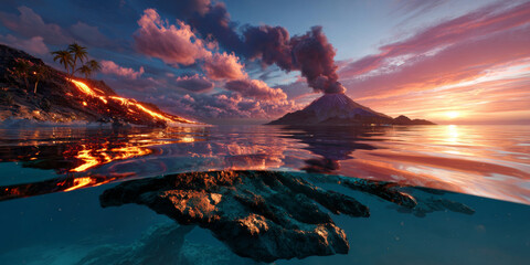 A volcano erupts in a fiery display of lava and smoke, with its reflection visible on the water below