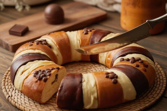 Rosca de Reyes, also called Three Kings Bread, Roscon, Epiphany Cake, traditionally served with hot chocolate in a clay Jarrito. Mexican tradition on January 5th.