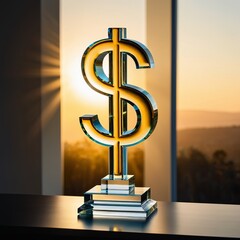 Transparent glass dollar sign on a table, with a sunset view through windows, symbolizing wealth and opportunity.
