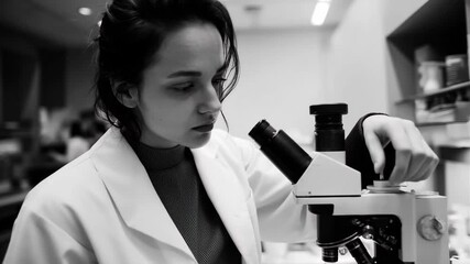 A woman wearing a white lab coat is focused while looking through a microscope in a black and white photograph A medical student looking through a microscope - Powered by Adobe