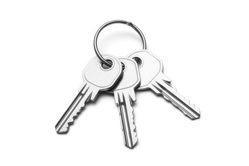 Silver keys on metal keyring or keychain isolated on transparent white background 
