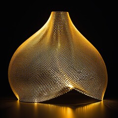 Artistic lamp with an intricate mesh design emits a warm glow, creating an elegant ambiance in a dark setting.