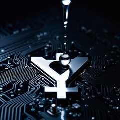 A close-up view of a water drop forming above a tech symbol on a circuit board, symbolizing technology.