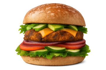 Juicy cheeseburger stacking fresh vegetables and classic cheddar cheese, ready for a quick meal, transparent background