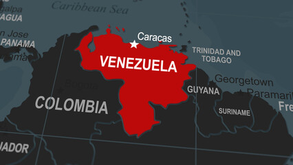 World map segment highlighting the Venezuela, marked in contrasting colors to represent rising military conflict, geopolitical tension, international relations, defense issues, crisis in Caracas