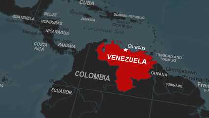 World map segment highlighting the Venezuela, marked in contrasting colors to represent rising military conflict, geopolitical tension, international relations, defense issues, crisis in Caracas