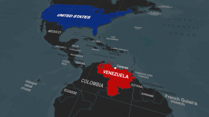 World map segment highlighting the Venezuela, marked in contrasting colors to represent rising military conflict, geopolitical tension, international relations, defense issues, crisis in Caracas