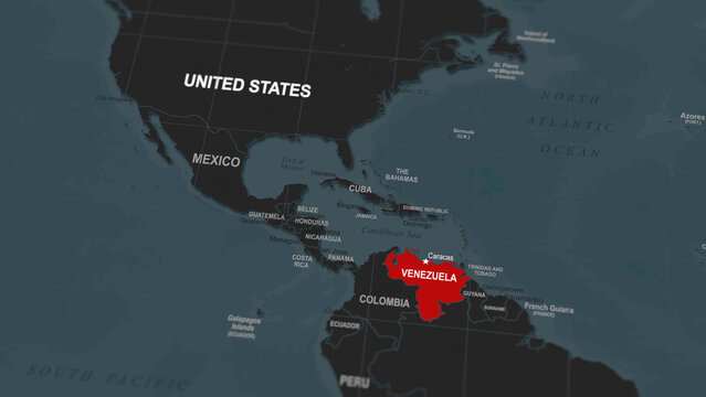 World map segment highlighting the Venezuela, marked in contrasting colors to represent rising military conflict, geopolitical tension, international relations, defense issues, crisis in Caracas