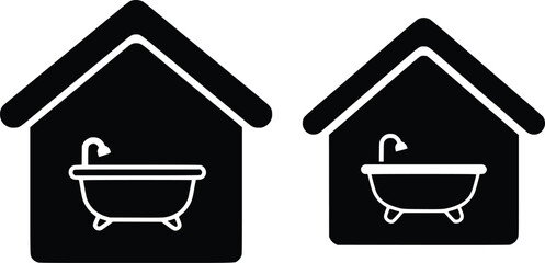 Two stylized houses with bathtubs inside, symbolizing home and comfort