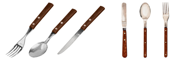 set of wooden-handled knife and fork Vintage  cutlery, kitchen utensils, spoons, forks, and knives isolated Hand drawn illustration on transparent background