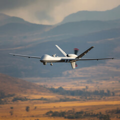 military-grade surveillance drone soars above a wide, golden landscape with rolling hills and distant mountains, highlighting technology&rsquo;s role in modern aerial operations
