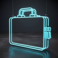 A glowing blue neon briefcase hanging in a dark room with a reflective surface