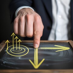 A person in a suit pointing at a blackboard with yellow arrows indicating upward and downward trends