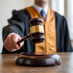 Judge in black robe with gold sash striking a wooden gavel on a wooden table