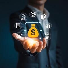 Person holding a glowing hand with a money bag and financial in a dark background dollar sign