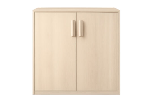 Wooden cabinet featuring closed doors and minimalist handles, providing home storage solution, on transparent background