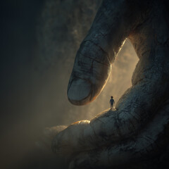 Surreal view of a large hand formed by rocks, near a very small person, desolate landscape, ai generative