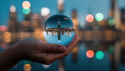 Hand holds crystal ball with stock market chart, cityscape reflection. Financial forecast, investment concept. Business, economy trend prediction with financial graph. Market analysis, investment