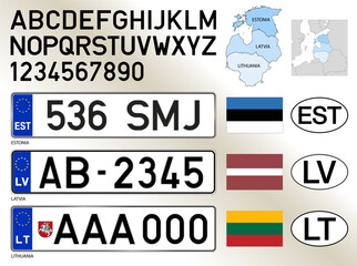 Lithuania, Estonia, Latvia car license plate pattern, baltic states, letters, numbers and symbols, vector illustration, European Union