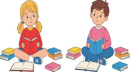 Children reading books, kids study time, educational activity, learning together, colorful books, literacy concept, school preparation, early childhood education, indoor reading scene