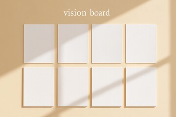 Vision board template with blank spaces for creativity, featuring nine empty frames on a warm beige background, ideal for personal inspiration and goal setting