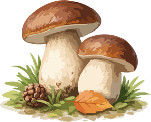 A detailed illustration of two porcini mushrooms with brown caps growing on the forest floor among grass, a pine cone, and an autumn leaf.