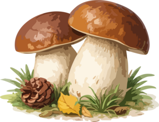 A detailed illustration of two porcini mushrooms with brown caps growing on the forest floor among grass, a pine cone, and an autumn leaf.