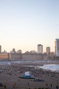 Coastal view of Mar del Plata city in Argentina, featuring sandy beaches, Atlantic Ocean shoreline and urban seaside landscape, showcasing a popular travel destination and summer atmosphere