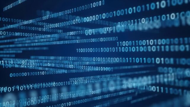 Binary code flowing through a digital network representing data transmission and cybersecurity