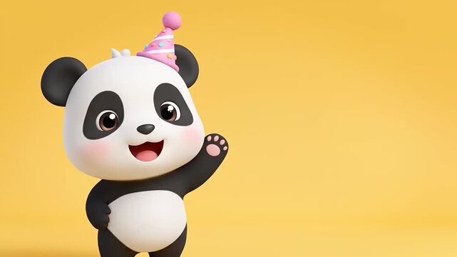 Cute waving panda character wearing a party hat on yellow background
