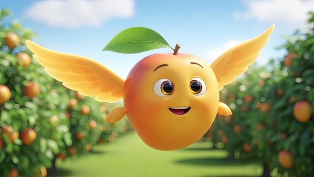 A cheerful animated fruit with wings happily flying through a sunny orchard of ripe peaches