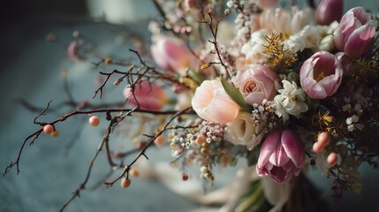 Creative spring wedding bouquet with tulips, flowering branches and subtle fruit accents, modern bridal floral design.