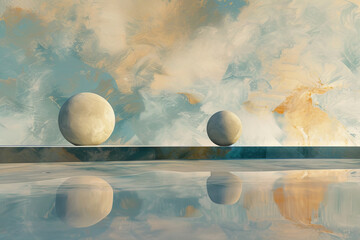 Two spherical stones on reflective surface with cloudy sky
