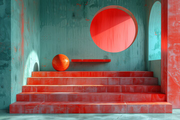 Abstract composition with red sphere and circle geometry