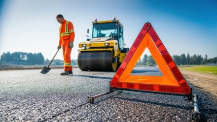 Road construction worker with warning sign and roller